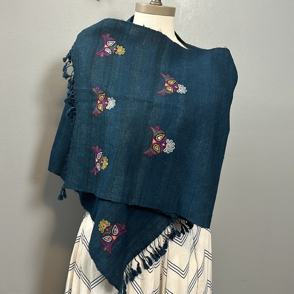 Petroleum Green Cotton Embroidered Tasseled Scarf - Picture 10 of 17